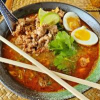 Boran Noodle · Spicy noodle soup with ground pork, rice noodle, soft boiled egg & crushed peanut.