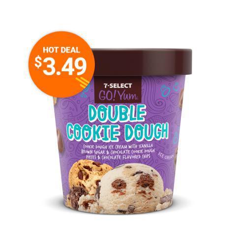 7-Select GoYum Double Cookie Dough Pint · Cookie dough ice cream with vanilla brown sugar and chocolate cookie dough pieces and chocolate flavored chips.