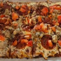 MEATY MARGHERITA · Pizza sauce, mozzarella, pepperoni, sausage, bacon, tomato, and basil