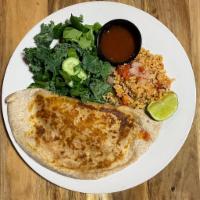 Chicken Quesadilla · Grilled chicken breast quesadilla in low carb wheat tortilla with cheese crumbles and side o...