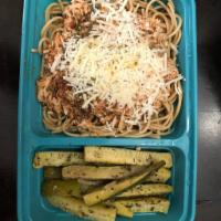 Ground Turkey Spaghetti · Wheat spaghetti topped with ground turkey, fresh pasta sauce, and mozzarella. Served with a ...