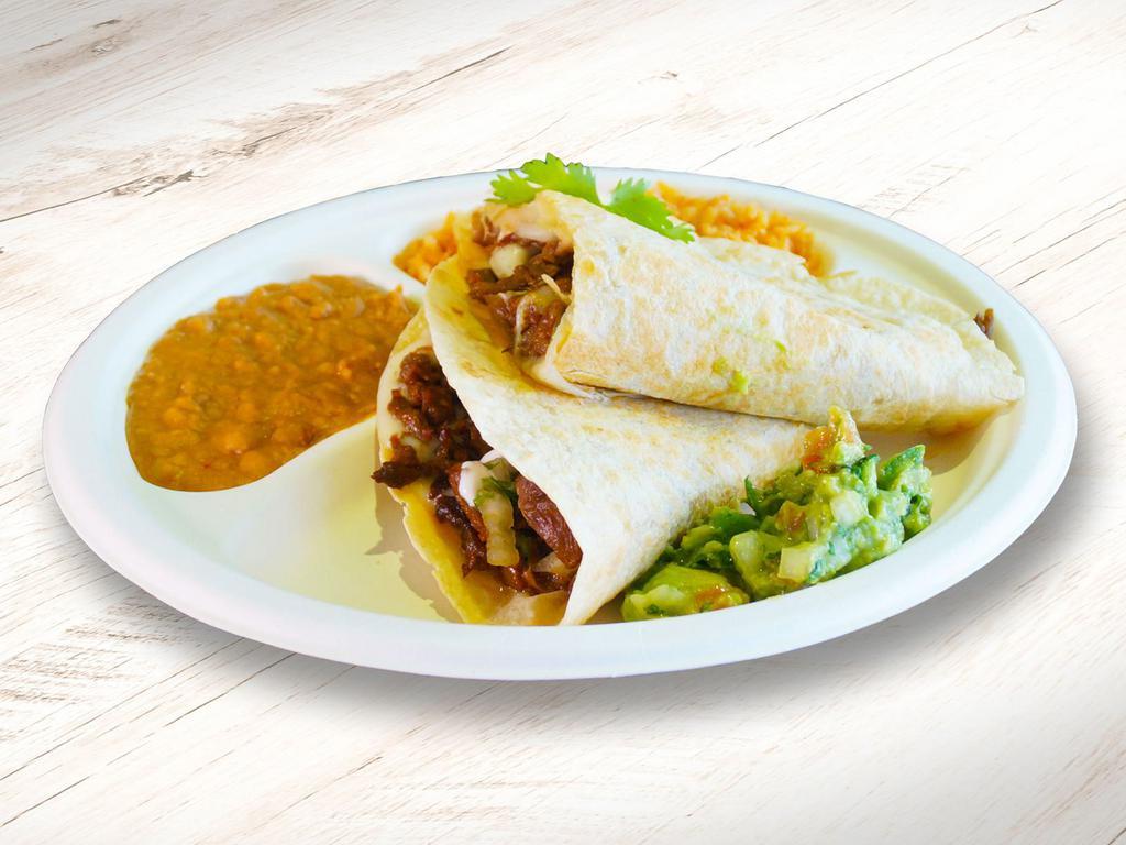 (#1) Quesadilla Catrina · 1 Quesadilla with choice of protein, Served with rice, beans, cilantro, onions, and salsa.