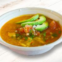 Catrina Chicken Soup · A blend of chicken broth filled with pulled white meat chicken rice, pico de gallo, and a sl...