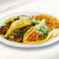 (#3) Tres Tacos Callejon · Three Street Tacos with choice of protein , Served with rice, beans, cilantro, onions, and c...