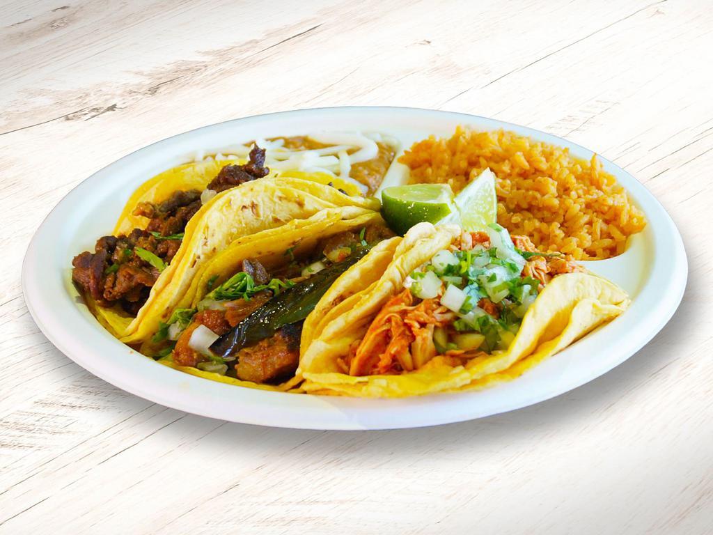 (#3) Tres Tacos Callejon · Three Street Tacos with choice of protein , Served with rice, beans, cilantro, onions, and choice of  salsa.