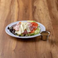 Antipasto Salad · Fresh-cut lettuce blend, ham, salami, provolone cheese, black olives and sliced tomatoes.