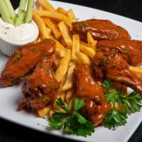 Wings and Fries · 6 wings. Comes with choice of sauce - BBQ, spicy BBQ, lemon pepper, spicy lemon pepper, Buff...