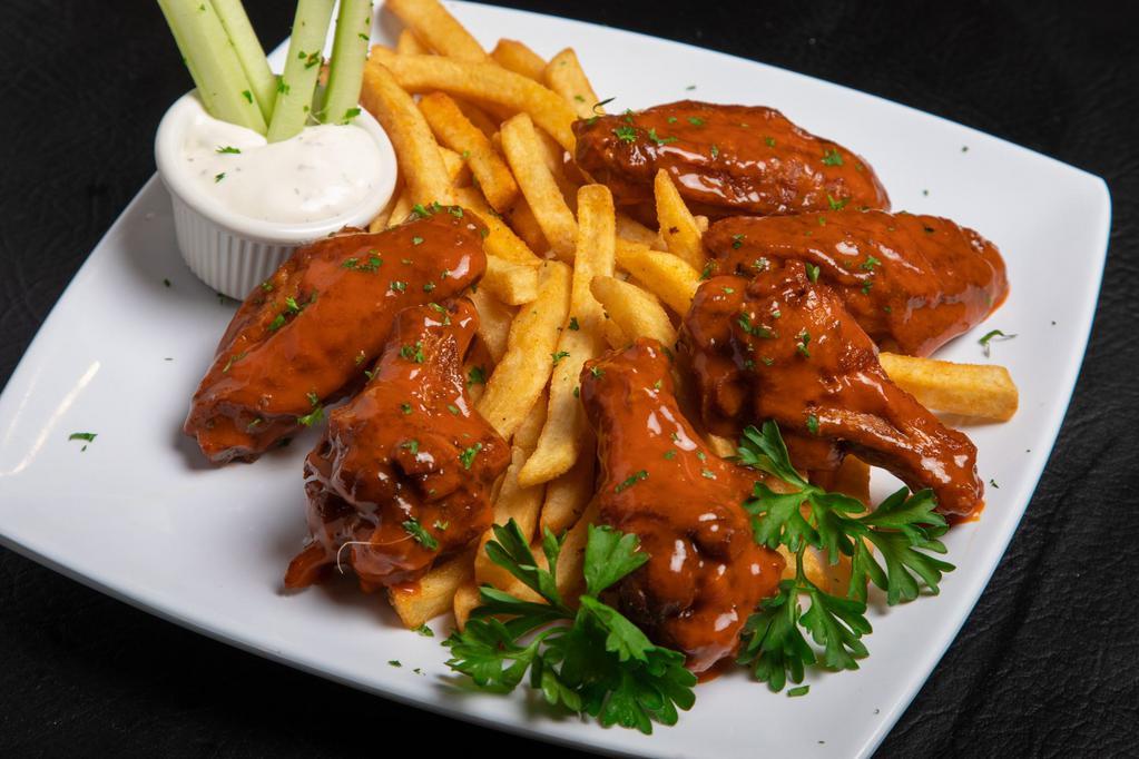 Wings and Fries · 6 wings. Comes with choice of sauce - BBQ, spicy BBQ, lemon pepper, spicy lemon pepper, Buffalo.