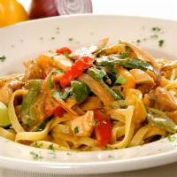 Tequila Lime Chicken · Fettuccine sauteed with chicken, tri-color peppers, red onions and cilantro in tequila lime ...