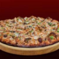 Philly Chicken Pizza · Cheese sauce, chicken, mushroom, green pepper, onion.