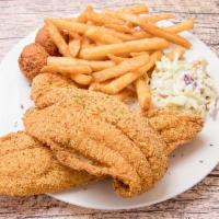 2 Piece Fish with 6 Pieces Shrimp Dinner · 2 pieces of fried fish and 6 hand butterflied shrimp. Served with fries, coleslaw, and hushp...