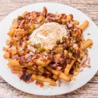 Loaded French Fries Platter · Crispy fries topped with pulled pork, onions, fresh jalapenos, melted cheese, sour cream, an...
