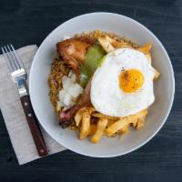 Lima Bird Poor Man's Meal · Quarter roasted chicken, veggie fried rice, fried egg, french fries and pickled daikon, and ...