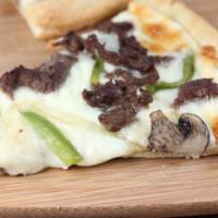 Philly Steak Pizza · Philly steak, green peppers, onion, mushrooms and mozzarella cheese.