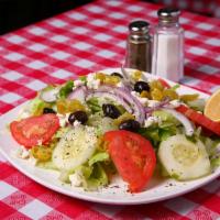Athenian Salad · Romaine, tomato, red onion, cucumber, banana peppers, kalamata olives, crumbled feta and bal...