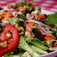 Harvest Salad · Organic spring mix, tomato, red onion, carrots, sliced apple, raisins, walnuts and crumbled ...