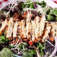 Chicken Bruschetta Salad · Organic spring mix, housemade bruschetta, red onion, kalamata olive, grilled chicken, aged P...