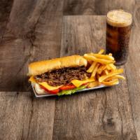 Cheesesteak Combo · Real Beef Rib Eye Steak on a sub roll with lettuce, tomato, mayo, fried onion and cheese, 1 ...