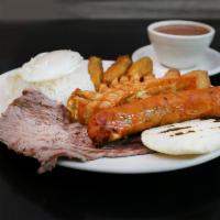 Bandeja Paisa · Choice of protein, sweet plantains, beans, pork belly, arepa, and rice topped with a fried e...