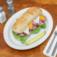17. Sub Specialty Sandwich  · Ham, salami, cheddar, swiss, lettuce, tomato, red onion on ciabatta.
