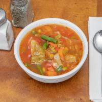 Garden Veggie Soup · Vegetable base sup carrots cabbage diced tomatoes broccoli.