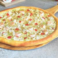 Seafood Alfredo Pizza · Sauteed shrimp, crabmeat, onions and diced tomatoes in our Old Bay spiced Alfredo sauce, top...