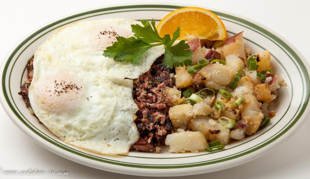 Homemade Corned Beef Hash and 2 Eggs · Robert's corned beef. Served with grilled potatoes or fresh hash browns. Gluten-free possible.