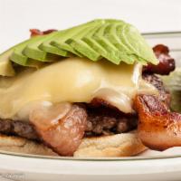 Avocado Burger · All that's in a Melburger with sliced avocado, onion, Jack cheese and crisp bacon. served wi...