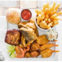#17 Ultimate Seafood Platter · 3 pieces of fish, 3 fried shrimp, 3 scallops, 3 spiced shrimp, and 1 crab cake.