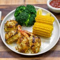 #31 Stuffed Shrimp Platter · Four wild-caught jumbo shrimp stuffed with crab cake and broiled in Cameron's broth and spic...