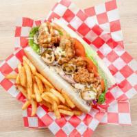 #1 Oyster Po' Boy · Briny select oysters lightly breaded and fried to perfection. Served with lettuce, tomato, s...