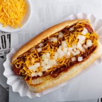 Detroit Coney Factory Dog · Beef hot dog topped with factory chili, shredded cheese and chopped onions.