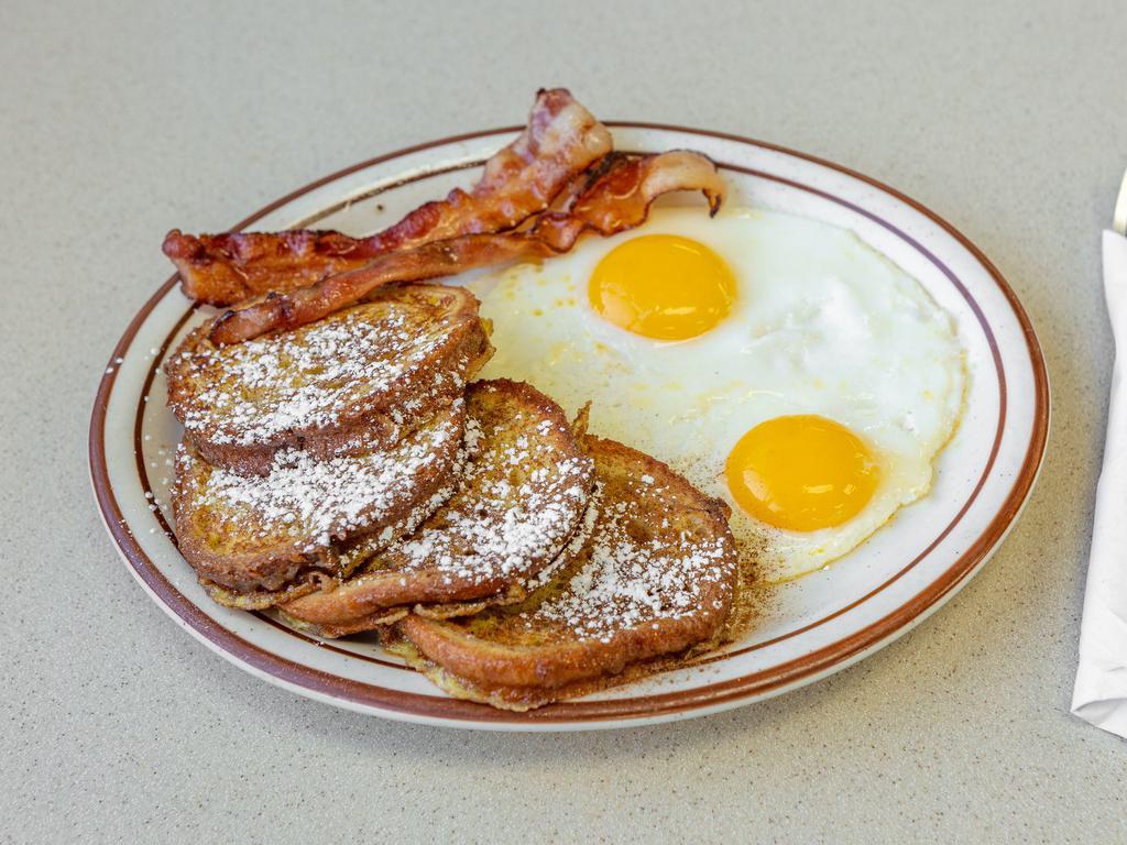 Joe's Cinnamon French Toast · 4 slices of our home style cinnamon bread with 2 eggs, choice of side.