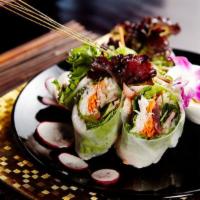 Fresh Rolls · Stuffed with shrimp, BBQ pork, cilantro, bean sprouts, carrots, lettuce, basil leaves and ri...