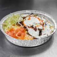 Lamb Over Rice Salad · Served with soda.