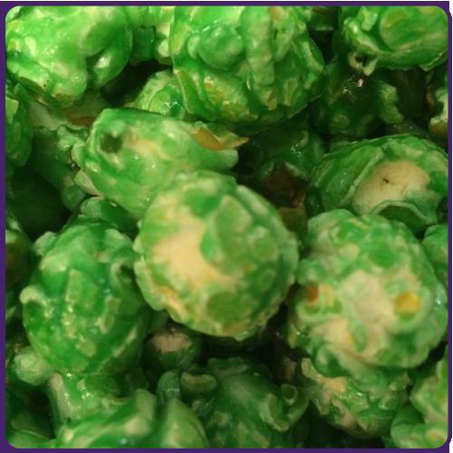 Green Apple Popcorn · Green apple flavor, bright green color, candy-coated popcorn. Perfect for baby showers, birthday parties, school treats and wedding popcorn bars.