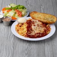 Italian Spaghetti · Served with garlic bread, small salad, and choice of sauce. 