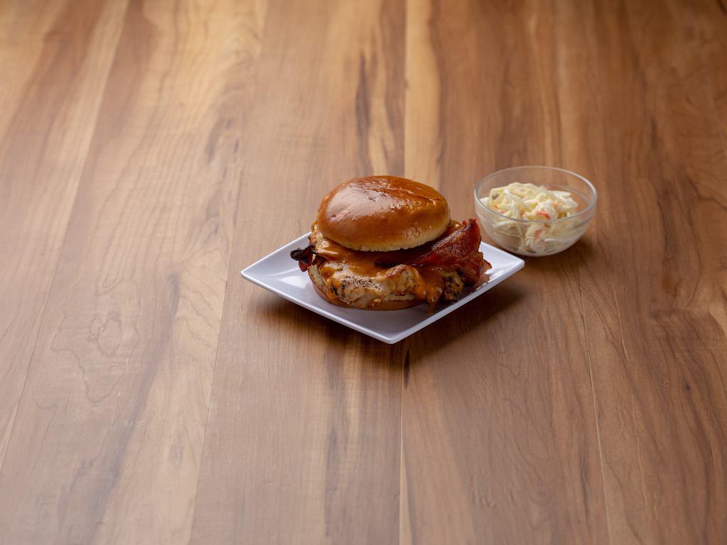 BBQ Ranch Chicken Breast Sandwich · Topped with bacon and cheese on a brioche roll.