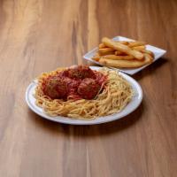 Spaghetti and Meatballs · 3 of mom's homemade meatballs with our homemade marinara sauce over spaghetti.