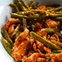 63. Large Chicken with Fresh Green Bean · Served with white rice and white meat.