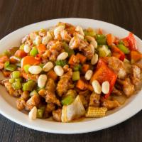 64. Large Kung Pao Chicken with Peanuts · Served with white rice and white meat. Hot and spicy.