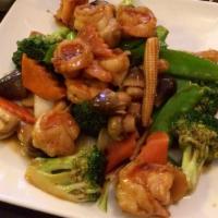 89. Jumbo Shrimp with Mixed Veges · Served with white rice.