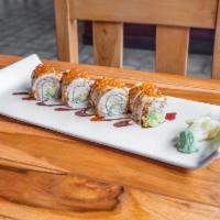 Angel Roll · Raw. Spicy real crab meat, avocado on top with seared salmon, ikura and eel sauce.