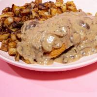 Biscuits ＆ Gravy · Two house-made biscuits topped with white country mushroom gravy + side of potato hash browns