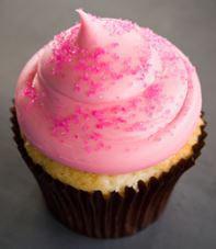 Pink Vanilla Cupcake · Vanilla bean cake with pink buttercream frosting topped with pink sanding sugar.