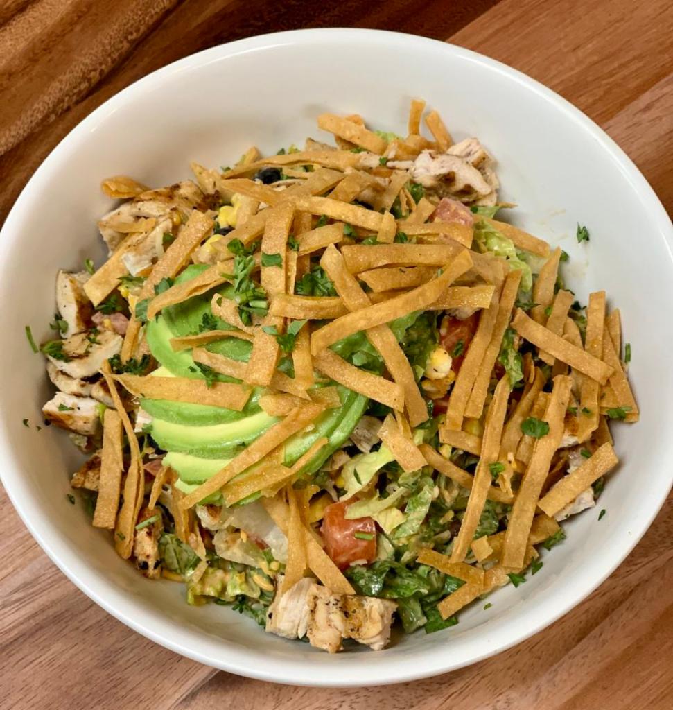 Southie BBQ Chicken Chopped Salad · romaine. grilled or crispy chicken. black beans. roasted corn. tomatoes. cheese. avocado. tortilla strips. tossed in our house-made bbq ranch dressing.