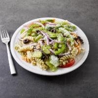 Pasta Salad · Tri-colored pasta, green peppers, red onions, tomatoes, cucumbers, black olives, Parmesan ch...