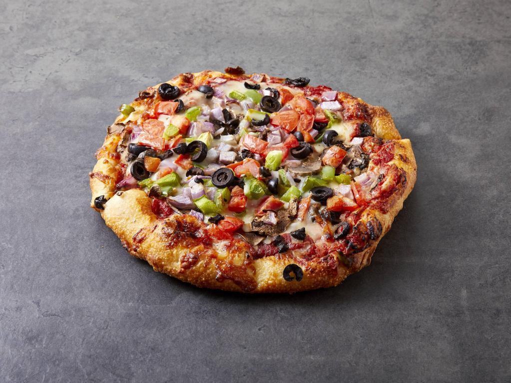 Veggie Pizza · Mushrooms, onions, green peppers, tomatoes and black olives.