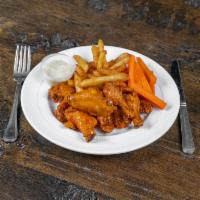 10 Chicken Wings · Ten Chicken Wings Fried Crispy and Tossed In you Choice Of Sauce plus served with Your Choic...
