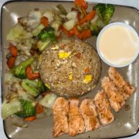 Hibachi Salmon · Ray-finned fish cooked on a hibachi grill.